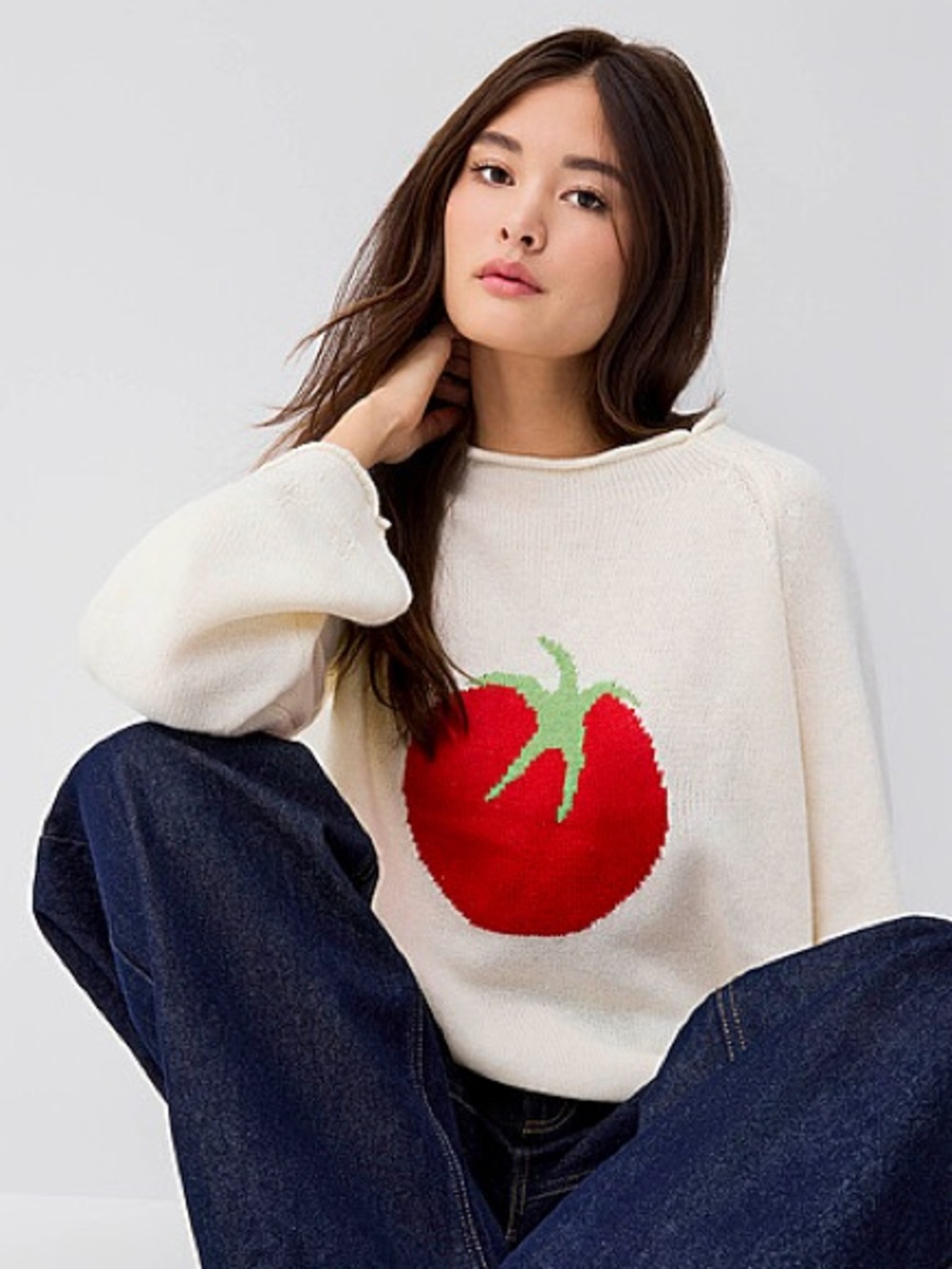 Rolled Hem Tomato Knit Sweater - Cream White